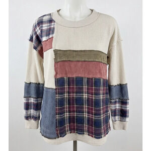 BKE T Shirt Womens S Cream Blue Patchwork Waffle Knit Thermal Long Sleeve Boho